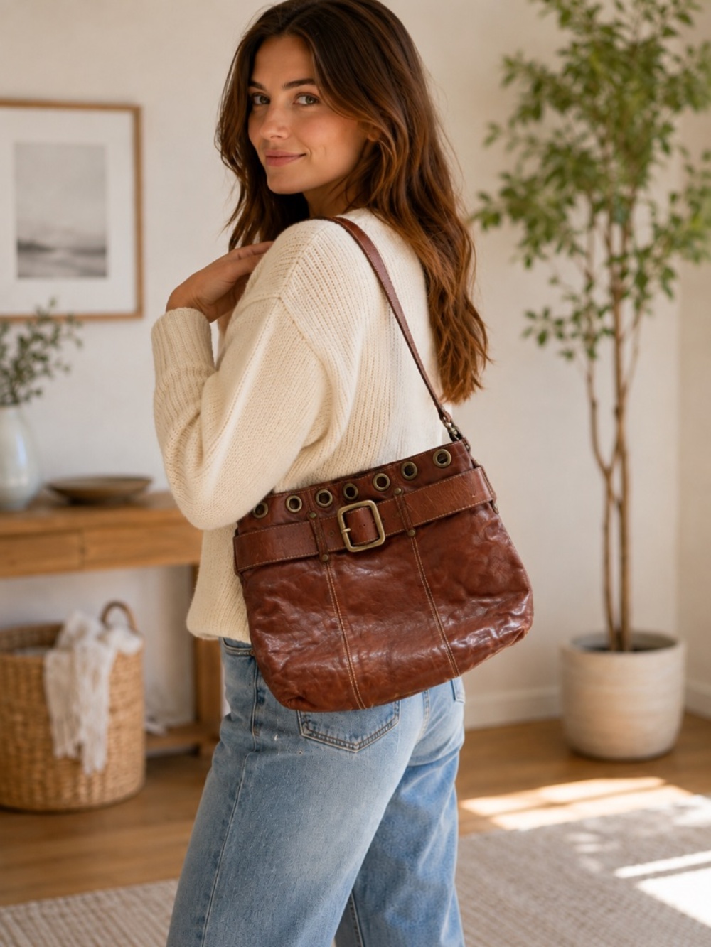 Massimo Dutti Brown Leather Shoulder Bag Vintage Boho Grommet Handbag